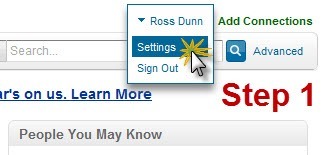 Click on Settings found underneath your LinkedIn account name A screenshot of the dropmenu on LinkedIn: click on "Settings" in the drop-down under your account name