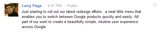 A screenshot of Larry Page discussing the latest changes to Google and the Google Toolbar on Google Plus