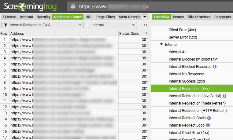 Screaming Frog, Response Code Overview for 301 Redirects