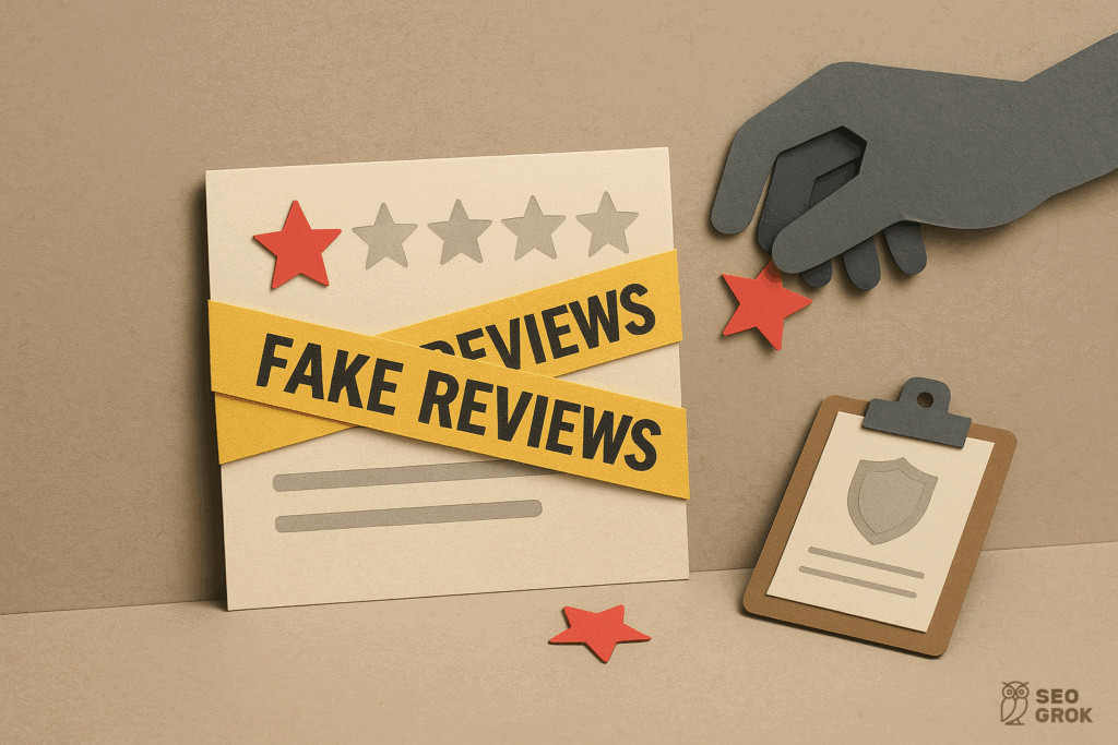 An image of a review box with only one star and yellow tape across it saying "Fake Reviews"