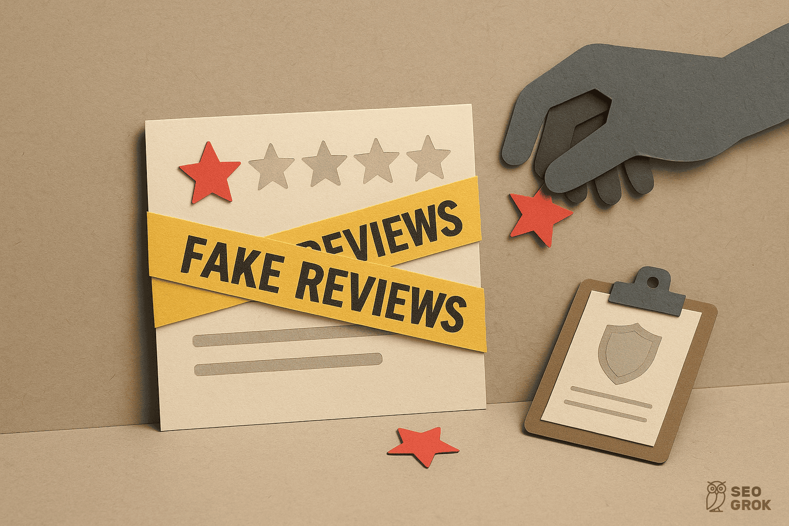An image of a review box with only one star and yellow tape across it saying "Fake Reviews"
